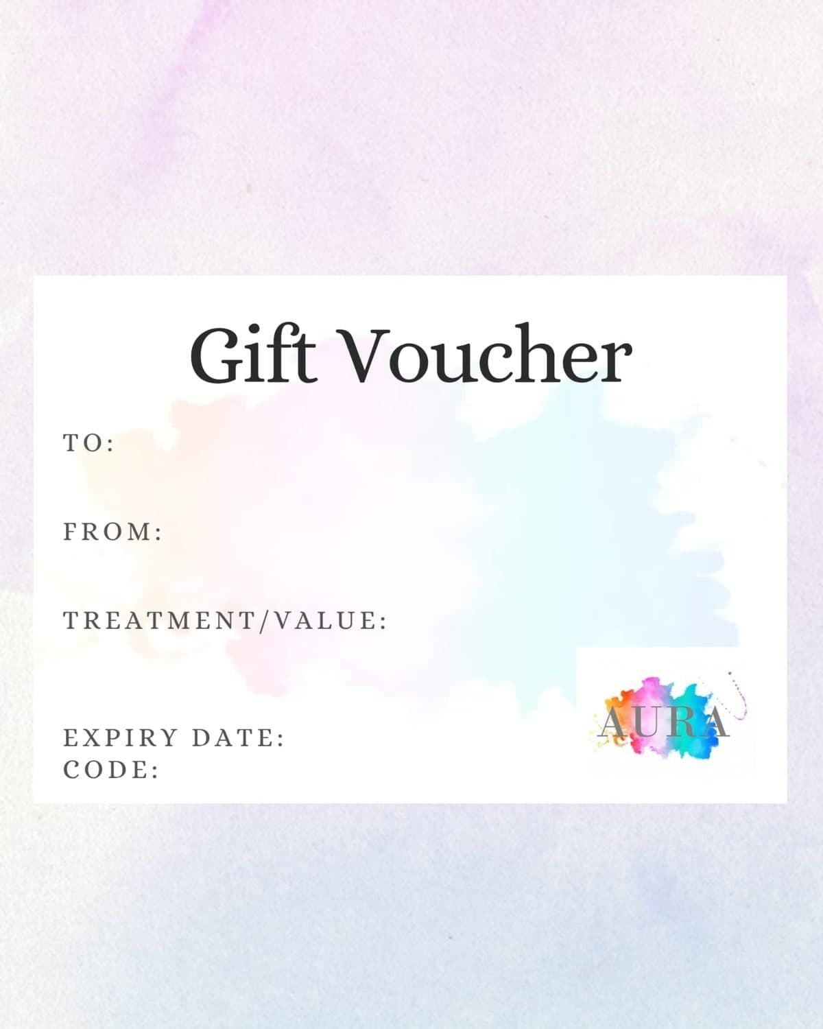 An Aura e-voucher, with spaces for who it is to and from, the treatment or value, an expiry date and a code